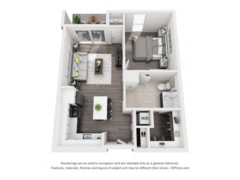 Floor plan for 1 bed, 1 bath, 667 sqft